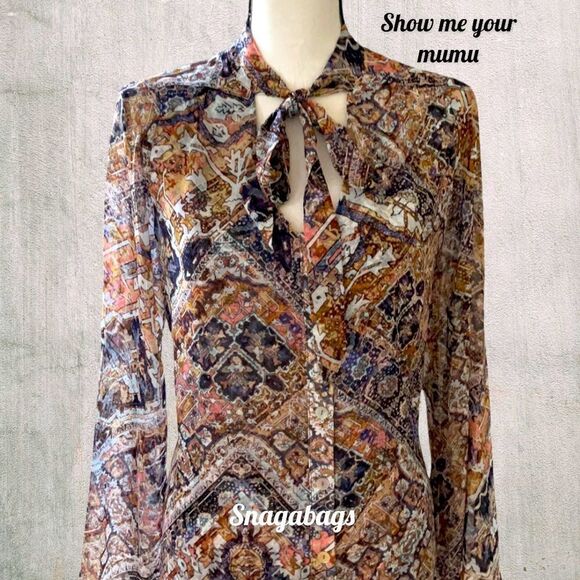 SHOW ME YOUR MUMU NWT BLOUSE TOP TIE NECK SHEER BELL SLEEVES SIZE X SMALL - Picture 2 of 7